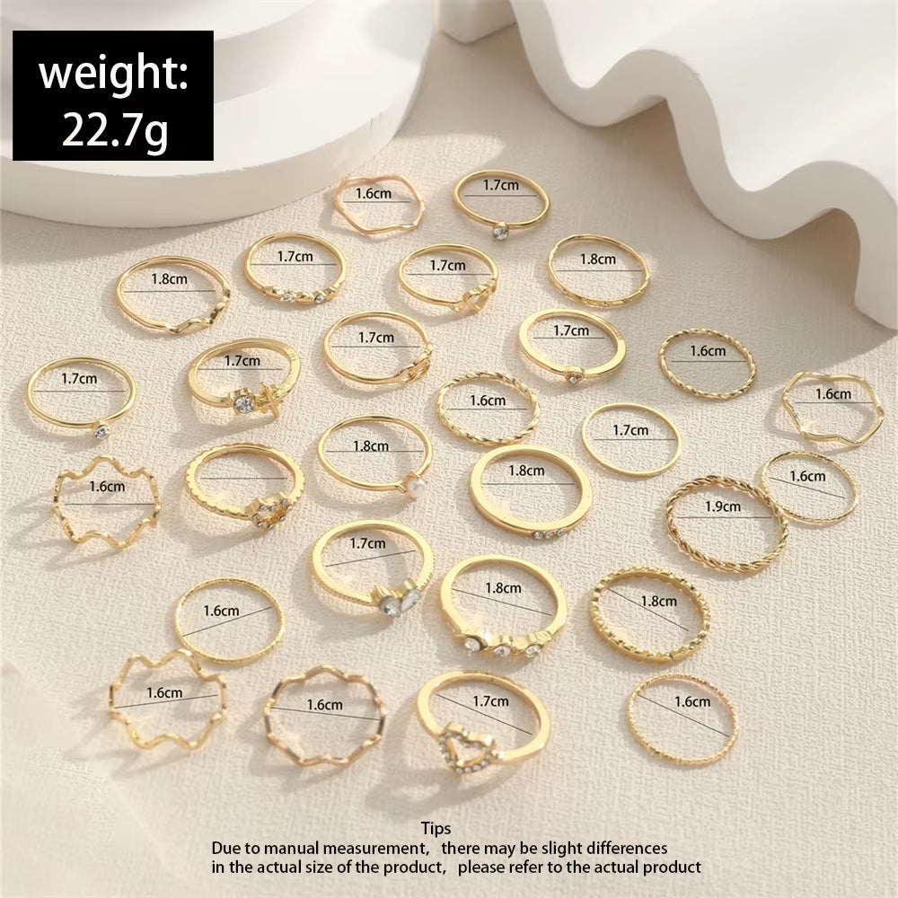 28 Pcs/Set Fashion Crystal Heart Star Geometric Rings Set Trendy Finger Cocktail Rings Set Jewelry Accessories