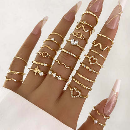 28 Pcs/Set Fashion Crystal Heart Star Geometric Rings Set Trendy Finger Cocktail Rings Set Jewelry Accessories